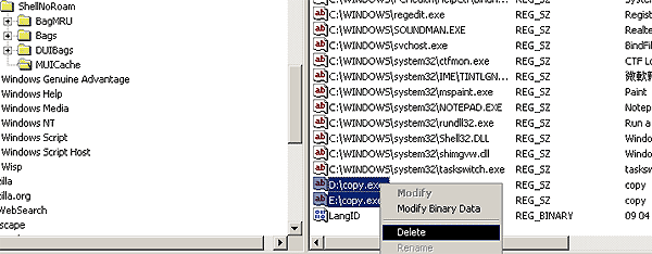 ผลของการค้นหาคำว่า copy.exe ใน Registry Edit